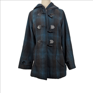 Urban Heritage Plaid Pea Coat Toggles Green Black Medium